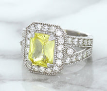Load image into Gallery viewer, 3.64ct Radiant Yellow Sapphire Ring with Diamond Halo in 18K White Gold
