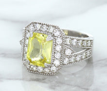 Load image into Gallery viewer, 3.64ct Radiant Yellow Sapphire Ring with Diamond Halo in 18K White Gold