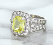 Load image into Gallery viewer, 3.64ct Radiant Yellow Sapphire Ring with Diamond Halo in 18K White Gold