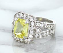 Load image into Gallery viewer, 3.64ct Radiant Yellow Sapphire Ring with Diamond Halo in 18K White Gold