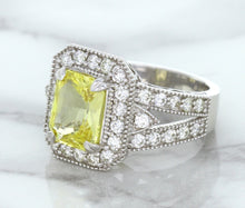 Load image into Gallery viewer, 3.64ct Radiant Yellow Sapphire Ring with Diamond Halo in 18K White Gold