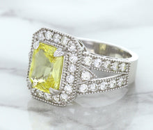 Load image into Gallery viewer, 3.64ct Radiant Yellow Sapphire Ring with Diamond Halo in 18K White Gold