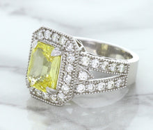 Load image into Gallery viewer, 3.64ct Radiant Yellow Sapphire Ring with Diamond Halo in 18K White Gold