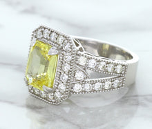 Load image into Gallery viewer, 3.64ct Radiant Yellow Sapphire Ring with Diamond Halo in 18K White Gold