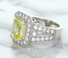Load image into Gallery viewer, 3.64ct Radiant Yellow Sapphire Ring with Diamond Halo in 18K White Gold
