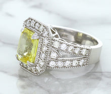 Load image into Gallery viewer, 3.64ct Radiant Yellow Sapphire Ring with Diamond Halo in 18K White Gold