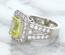 Load image into Gallery viewer, 3.64ct Radiant Yellow Sapphire Ring with Diamond Halo in 18K White Gold