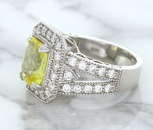 Load image into Gallery viewer, 3.64ct Radiant Yellow Sapphire Ring with Diamond Halo in 18K White Gold