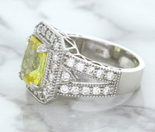 Load image into Gallery viewer, 3.64ct Radiant Yellow Sapphire Ring with Diamond Halo in 18K White Gold
