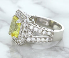 Load image into Gallery viewer, 3.64ct Radiant Yellow Sapphire Ring with Diamond Halo in 18K White Gold