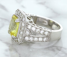 Load image into Gallery viewer, 3.64ct Radiant Yellow Sapphire Ring with Diamond Halo in 18K White Gold
