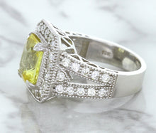 Load image into Gallery viewer, 3.64ct Radiant Yellow Sapphire Ring with Diamond Halo in 18K White Gold