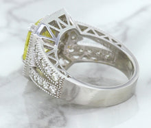 Load image into Gallery viewer, 3.64ct Radiant Yellow Sapphire Ring with Diamond Halo in 18K White Gold