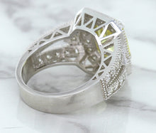 Load image into Gallery viewer, 3.64ct Radiant Yellow Sapphire Ring with Diamond Halo in 18K White Gold