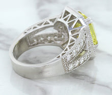 Load image into Gallery viewer, 3.64ct Radiant Yellow Sapphire Ring with Diamond Halo in 18K White Gold