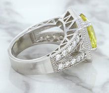 Load image into Gallery viewer, 3.64ct Radiant Yellow Sapphire Ring with Diamond Halo in 18K White Gold