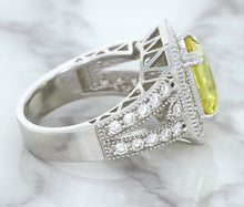 Load image into Gallery viewer, 3.64ct Radiant Yellow Sapphire Ring with Diamond Halo in 18K White Gold