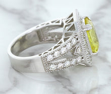 Load image into Gallery viewer, 3.64ct Radiant Yellow Sapphire Ring with Diamond Halo in 18K White Gold