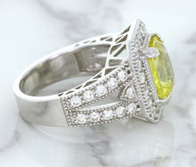 Load image into Gallery viewer, 3.64ct Radiant Yellow Sapphire Ring with Diamond Halo in 18K White Gold