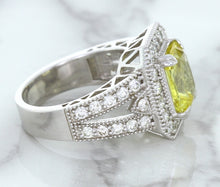 Load image into Gallery viewer, 3.64ct Radiant Yellow Sapphire Ring with Diamond Halo in 18K White Gold