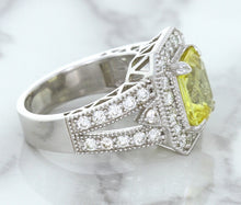 Load image into Gallery viewer, 3.64ct Radiant Yellow Sapphire Ring with Diamond Halo in 18K White Gold