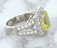 Load image into Gallery viewer, 3.64ct Radiant Yellow Sapphire Ring with Diamond Halo in 18K White Gold