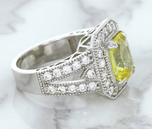 Load image into Gallery viewer, 3.64ct Radiant Yellow Sapphire Ring with Diamond Halo in 18K White Gold