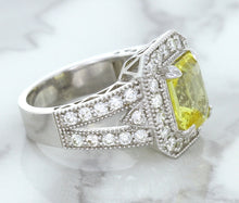 Load image into Gallery viewer, 3.64ct Radiant Yellow Sapphire Ring with Diamond Halo in 18K White Gold