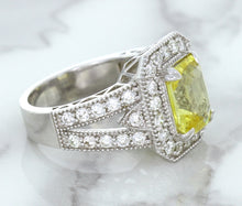 Load image into Gallery viewer, 3.64ct Radiant Yellow Sapphire Ring with Diamond Halo in 18K White Gold