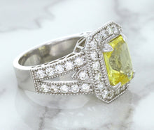 Load image into Gallery viewer, 3.64ct Radiant Yellow Sapphire Ring with Diamond Halo in 18K White Gold