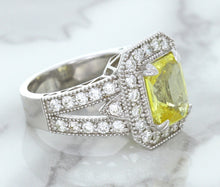 Load image into Gallery viewer, 3.64ct Radiant Yellow Sapphire Ring with Diamond Halo in 18K White Gold