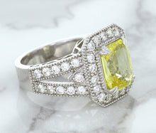 Load image into Gallery viewer, 3.64ct Radiant Yellow Sapphire Ring with Diamond Halo in 18K White Gold