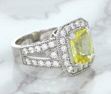 Load image into Gallery viewer, 3.64ct Radiant Yellow Sapphire Ring with Diamond Halo in 18K White Gold