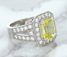 Load image into Gallery viewer, 3.64ct Radiant Yellow Sapphire Ring with Diamond Halo in 18K White Gold