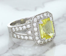 Load image into Gallery viewer, 3.64ct Radiant Yellow Sapphire Ring with Diamond Halo in 18K White Gold