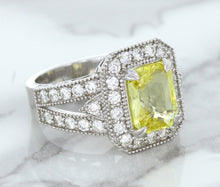 Load image into Gallery viewer, 3.64ct Radiant Yellow Sapphire Ring with Diamond Halo in 18K White Gold
