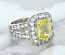 Load image into Gallery viewer, 3.64ct Radiant Yellow Sapphire Ring with Diamond Halo in 18K White Gold