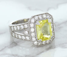 Load image into Gallery viewer, 3.64ct Radiant Yellow Sapphire Ring with Diamond Halo in 18K White Gold