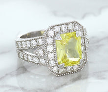 Load image into Gallery viewer, 3.64ct Radiant Yellow Sapphire Ring with Diamond Halo in 18K White Gold