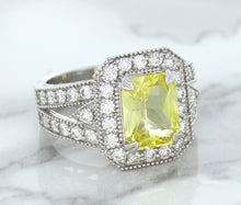 Load image into Gallery viewer, 3.64ct Radiant Yellow Sapphire Ring with Diamond Halo in 18K White Gold