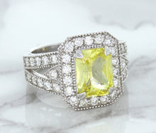 Load image into Gallery viewer, 3.64ct Radiant Yellow Sapphire Ring with Diamond Halo in 18K White Gold