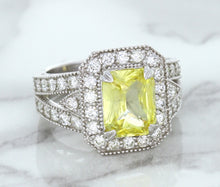 Load image into Gallery viewer, 3.64ct Radiant Yellow Sapphire Ring with Diamond Halo in 18K White Gold