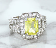 Load image into Gallery viewer, 3.64ct Radiant Yellow Sapphire Ring with Diamond Halo in 18K White Gold