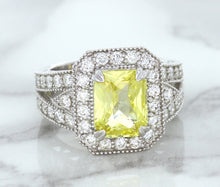 Load image into Gallery viewer, 3.64ct Radiant Yellow Sapphire Ring with Diamond Halo in 18K White Gold