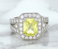 Load image into Gallery viewer, 3.64ct Radiant Yellow Sapphire Ring with Diamond Halo in 18K White Gold