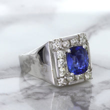 Load image into Gallery viewer, 2.82ct Cushion Blue Sapphire Ring with Diamond Halo in 14K White Gold