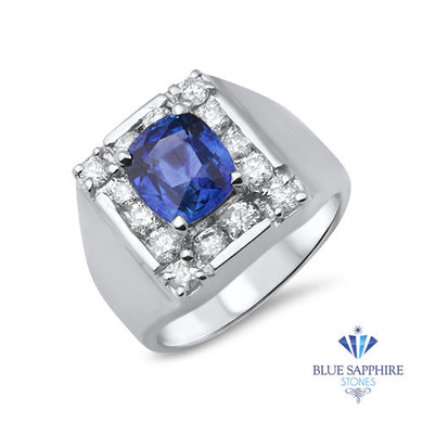 2.82ct Cushion Blue Sapphire Ring with Diamond Halo in 14K White Gold