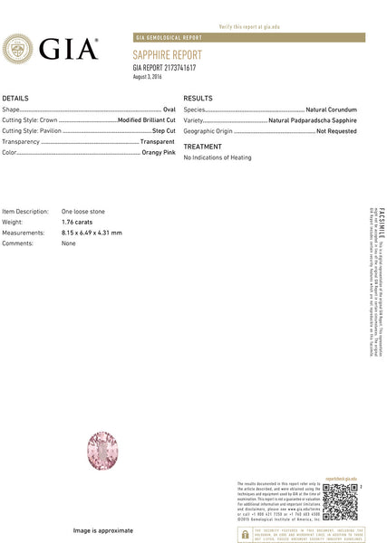 1.76ct GIA Certified Unheated Oval Padparadscha Sapphire Ring with Padparadscha and Diamond Accents in 18K Rose Gold