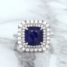 Load image into Gallery viewer, 4.35ct Cushion Blue Sapphire Ring with Double Diamond Halo in 18K White Gold