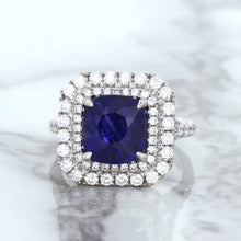Load image into Gallery viewer, 4.35ct Cushion Blue Sapphire Ring with Double Diamond Halo in 18K White Gold